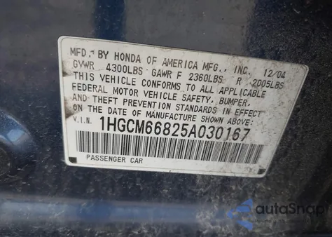 2005 Honda Accord 3.0 Ex из США, поврежденный, VIN 1HGCM66825A030167